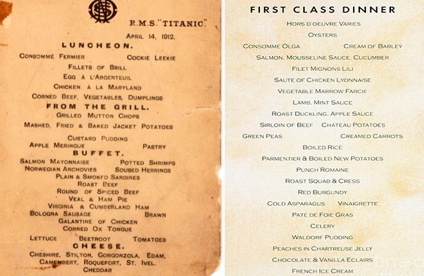 Menú de primera clase del Titanic